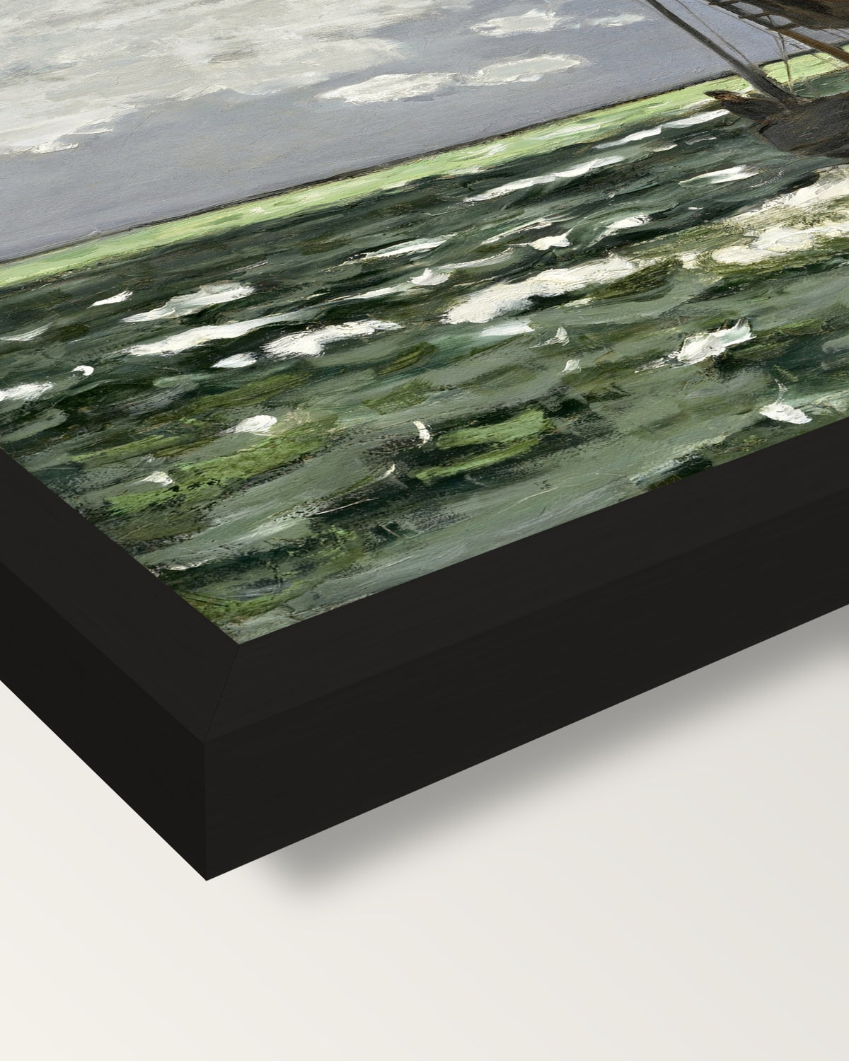 Seascape, Storm by Claude Monet framed print, corner close-up: black moulding, mitred, the print set just below its edge
