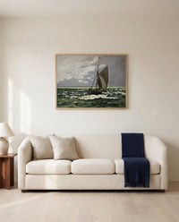 Seascape, Storm by Claude Monet framed in natural oak above a cream sofa in a warm living room