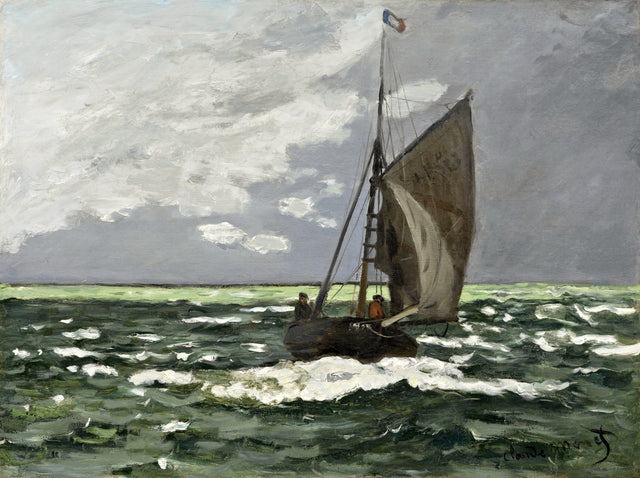 Seascape, Storm by Claude Monet: a dark sailing boat on a rough green sea with white crests under a heavy grey sky