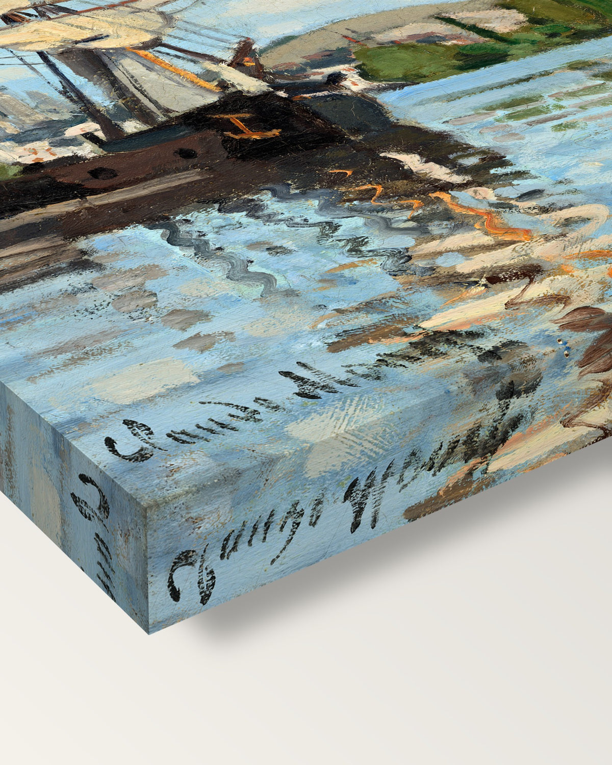 Ships Riding on the Seine at Rouen by Monet on stretched canvas, corner close-up: the painting mirror-wrapped round the sides