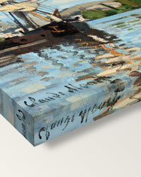 Ships Riding on the Seine at Rouen by Monet on stretched canvas, corner close-up: the painting mirror-wrapped round the sides