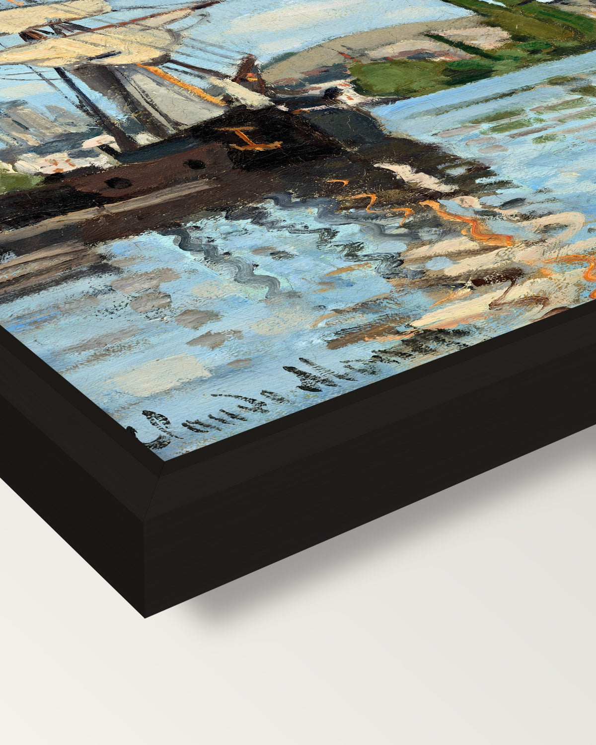 Ships Riding on the Seine at Rouen framed canvas, corner close-up: a black floating frame with a shadow gap round the canvas