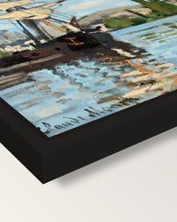 Ships Riding on the Seine at Rouen framed canvas, corner close-up: a black floating frame with a shadow gap round the canvas