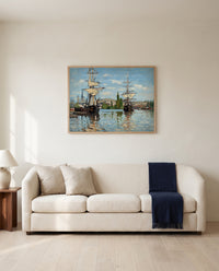 Ships Riding on the Seine at Rouen by Claude Monet framed in natural oak above a cream sofa in a warm living room