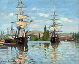 Ships Riding on the Seine at Rouen by Claude Monet: two tall sailing ships on a sunny river, a town and spires beyond