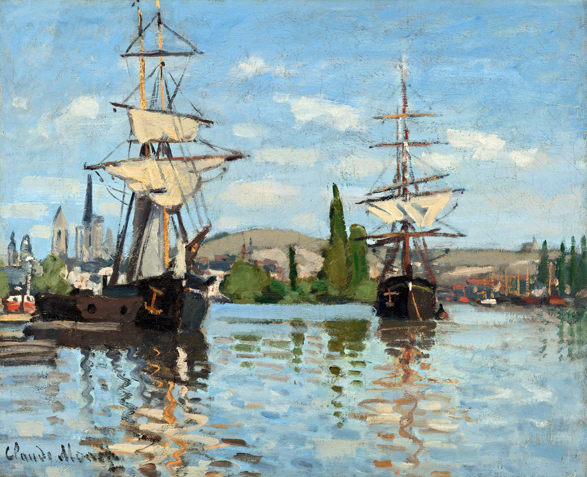 Ships Riding on the Seine at Rouen by Claude Monet: two tall sailing ships on a sunny river, a town and spires beyond