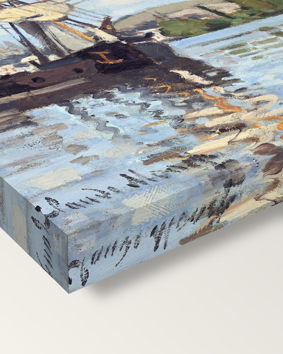 Ships on the Seine, Rouen by Claude Monet on stretched canvas, corner close-up: the painting mirror-wrapped round the sides