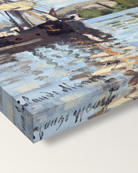 Ships on the Seine, Rouen by Claude Monet on stretched canvas, corner close-up: the painting mirror-wrapped round the sides