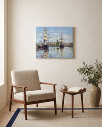 Ships on the Seine, Rouen by Claude Monet as a stretched canvas above a linen lounge chair in a reading corner