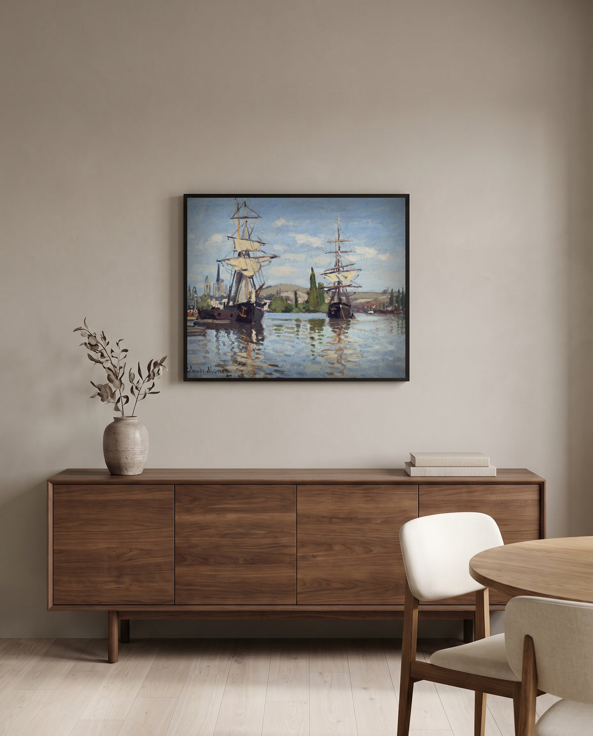 Ships on the Seine, Rouen by Claude Monet in a black frame above a walnut sideboard in a dining room