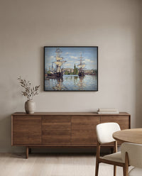 Ships on the Seine, Rouen by Claude Monet in a black frame above a walnut sideboard in a dining room