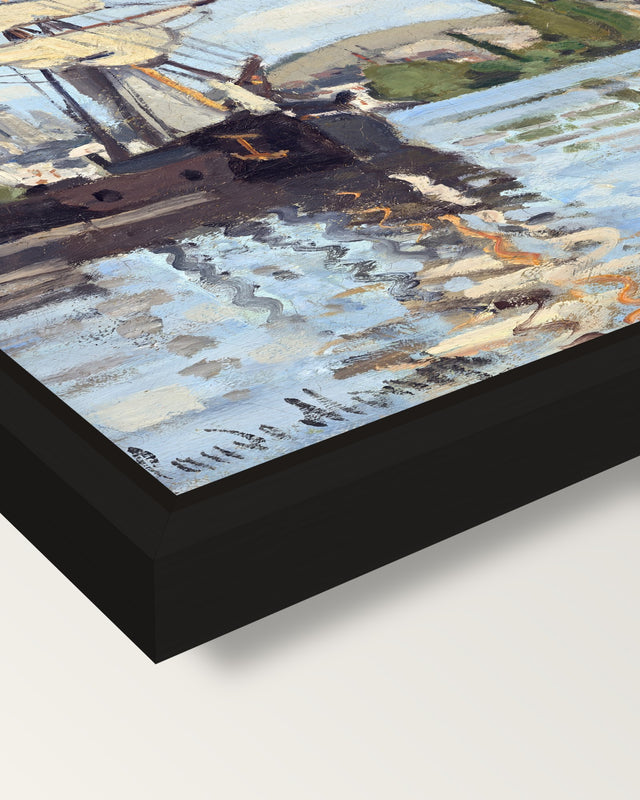 Ships on the Seine, Rouen by Monet framed canvas, corner close-up: a black floating frame with a shadow gap round the canvas