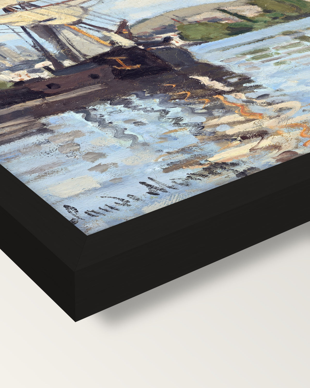Ships on the Seine, Rouen by Monet framed print, corner close-up: black moulding, mitred, the print set just below its edge