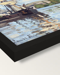 Ships on the Seine, Rouen by Monet framed print, corner close-up: black moulding, mitred, the print set just below its edge