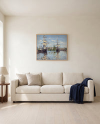 Ships on the Seine, Rouen by Claude Monet framed in natural oak above a cream sofa in a warm living room