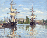 Ships Riding on the Seine at Rouen by Claude Monet: two tall sailing ships with cream sails on a blue river, reflected