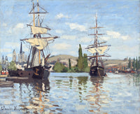 Ships Riding on the Seine at Rouen by Claude Monet: two tall sailing ships with cream sails on a blue river, reflected