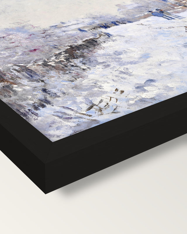 Snow at Argenteuil by Claude Monet framed print, corner close-up: black moulding, mitred, the print set just below its edge