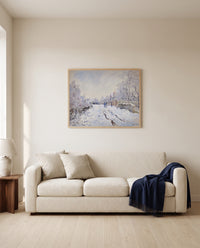 Snow at Argenteuil by Claude Monet framed in natural oak above a cream sofa in a warm living room