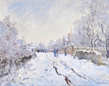 Snow Scene at Argenteuil by Claude Monet: a snowy road with cart tracks, small figures walking, bare trees and houses