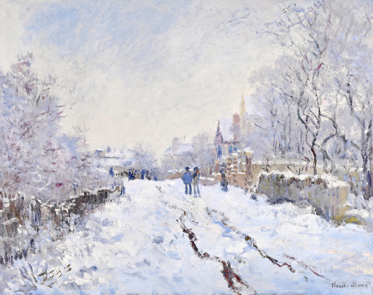 Snow Scene at Argenteuil by Claude Monet: a snowy road with cart tracks, small figures walking, bare trees and houses