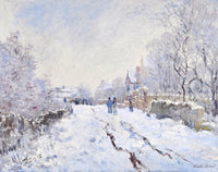 Snow Scene at Argenteuil by Claude Monet: a snowy road with cart tracks, small figures walking, bare trees and houses