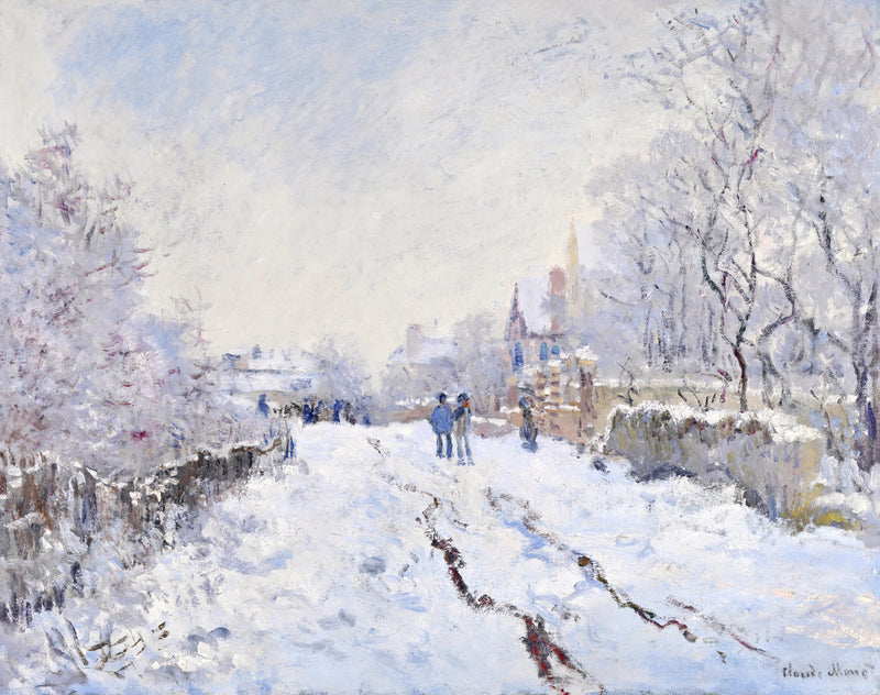 Snow Scene at Argenteuil by Claude Monet: a snowy road with cart tracks, small figures walking, bare trees and houses