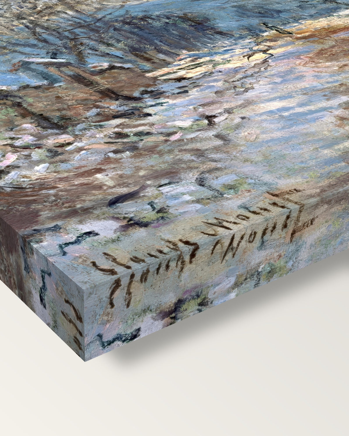 Snow Effect at Limetz by Claude Monet on stretched canvas, corner close-up: the painting mirror-wrapped round the sides