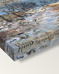 Snow Effect at Limetz by Claude Monet on stretched canvas, corner close-up: the painting mirror-wrapped round the sides