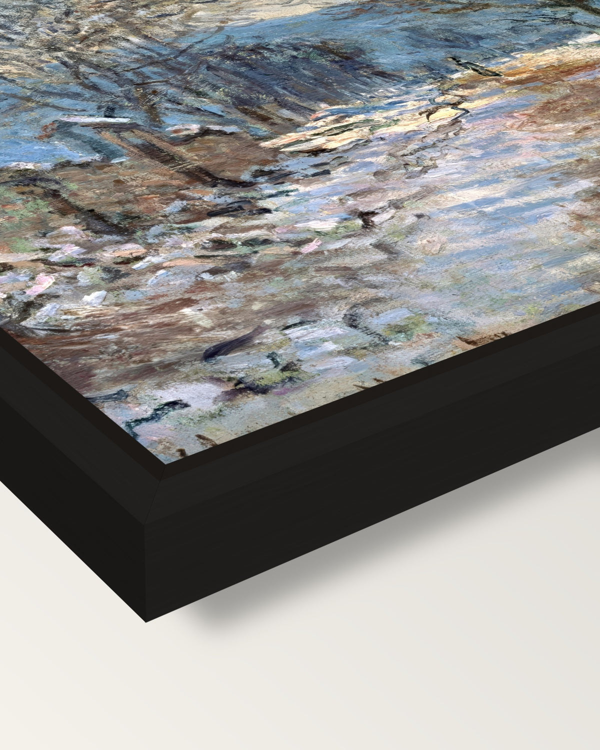 Snow Effect at Limetz by Monet framed canvas, corner close-up: a black floating frame with a shadow gap round the canvas