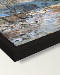 Snow Effect at Limetz by Monet framed canvas, corner close-up: a black floating frame with a shadow gap round the canvas