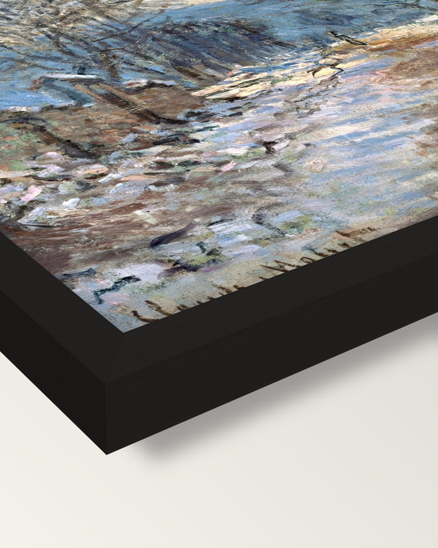 Snow Effect at Limetz by Monet framed print, corner close-up: black moulding, mitred, the print set just below its edge