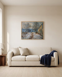 Snow Effect at Limetz by Claude Monet framed in natural oak above a cream sofa in a warm living room