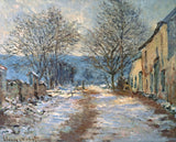 Snow Effect at Limetz by Claude Monet: a snowy road between bare trees and houses, a faint figure, blue hills