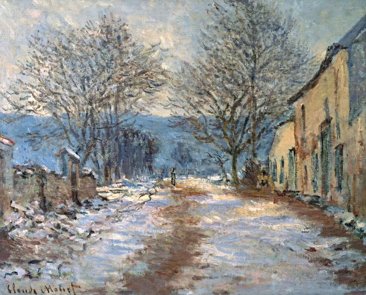 Snow Effect at Limetz by Claude Monet: a snowy road between bare trees and houses, a faint figure, blue hills