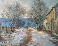 Snow Effect at Limetz by Claude Monet: a snowy road between bare trees and houses, a faint figure, blue hills