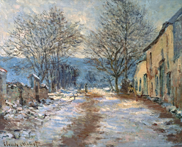 Snow Effect at Limetz by Claude Monet: a snowy road between bare trees and houses, a faint figure, blue hills
