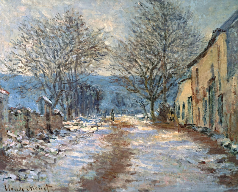 Snow Effect at Limetz by Claude Monet: a snowy road between bare trees and houses, a faint figure, blue hills