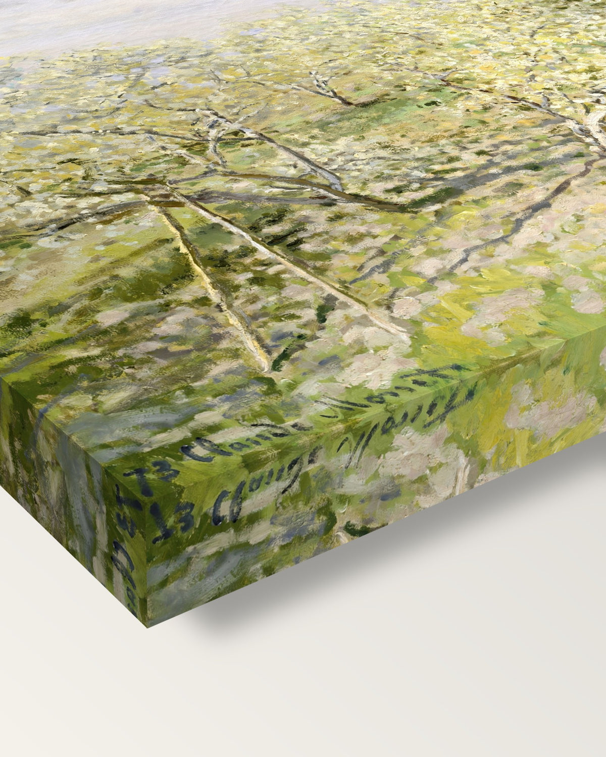 Spring, Fruit Trees in Bloom by Monet on stretched canvas, corner close-up: the painting mirror-wrapped round the sides