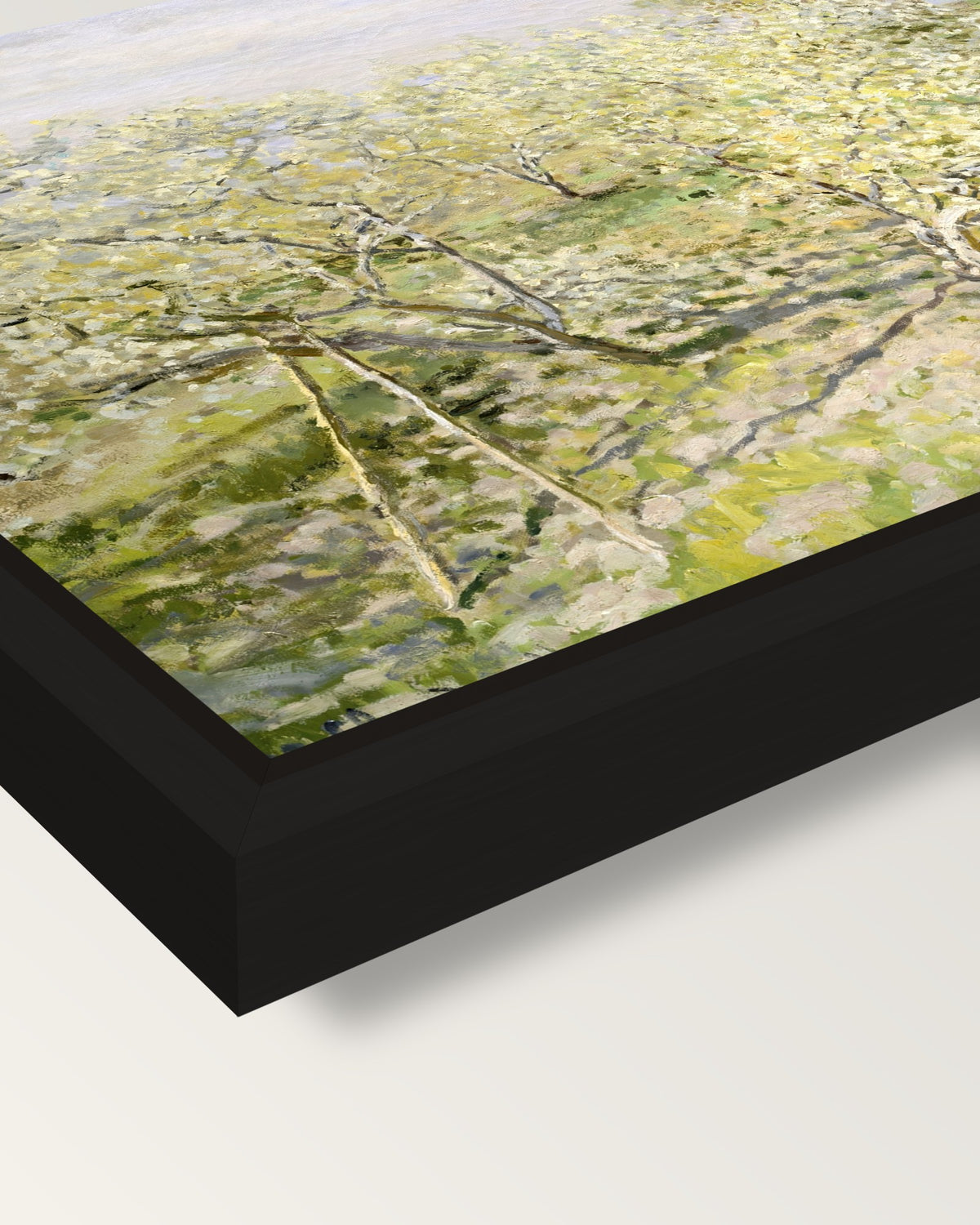 Spring, Fruit Trees in Bloom framed canvas, corner close-up: a black floating frame with a shadow gap round the canvas