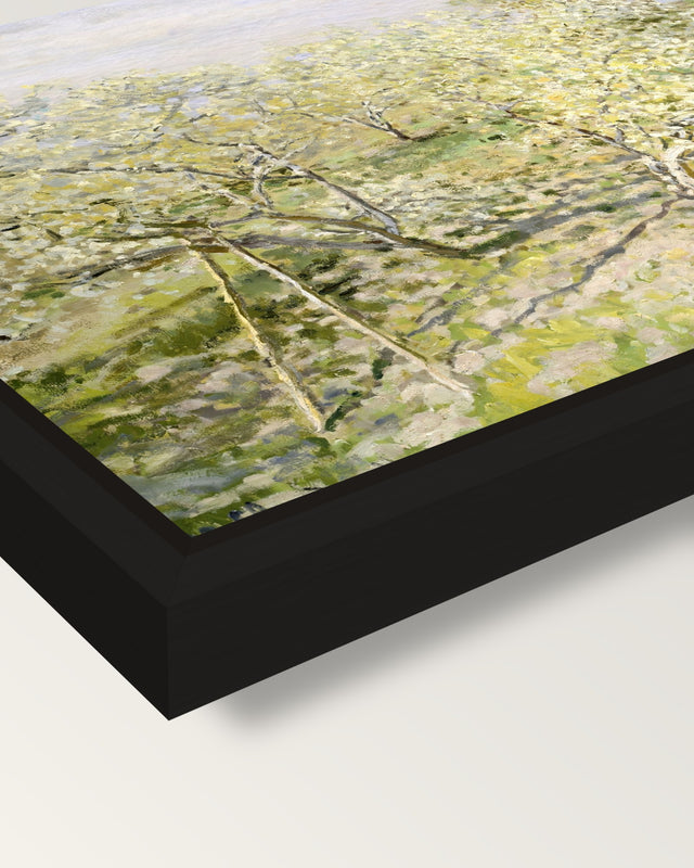 Spring, Fruit Trees in Bloom framed canvas, corner close-up: a black floating frame with a shadow gap round the canvas