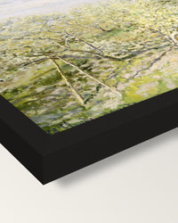 Spring, Fruit Trees in Bloom framed print, corner close-up: black moulding, mitred, the print set just below its edge
