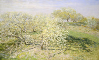 Spring (Fruit Trees in Bloom) by Claude Monet: orchard trees in white blossom on a green hillside under a pale sky
