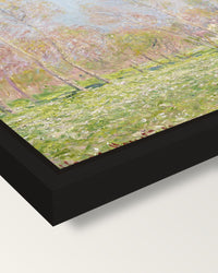 Spring in Giverny by Claude Monet framed canvas, corner close-up: a black floating frame with a shadow gap round the canvas