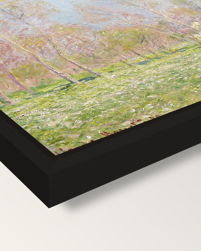 Spring in Giverny by Claude Monet framed canvas, corner close-up: a black floating frame with a shadow gap round the canvas