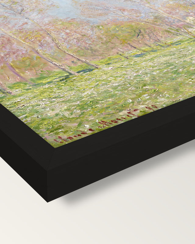 Spring in Giverny by Claude Monet framed print, corner close-up: black moulding, mitred, the print set just below its edge