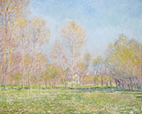 Spring in Giverny by Claude Monet: a row of pale young trees in spring leaf across a bright green meadow
