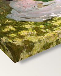 Springtime by Claude Monet on stretched canvas, corner close-up: the painting mirror-wrapped round the sides