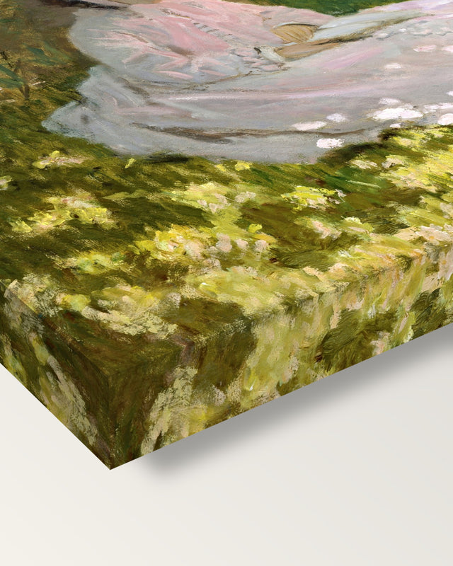 Springtime by Claude Monet on stretched canvas, corner close-up: the painting mirror-wrapped round the sides
