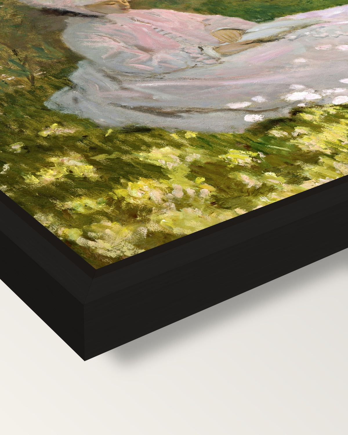 Springtime by Claude Monet framed canvas, corner close-up: a black floating frame with a shadow gap round the canvas
